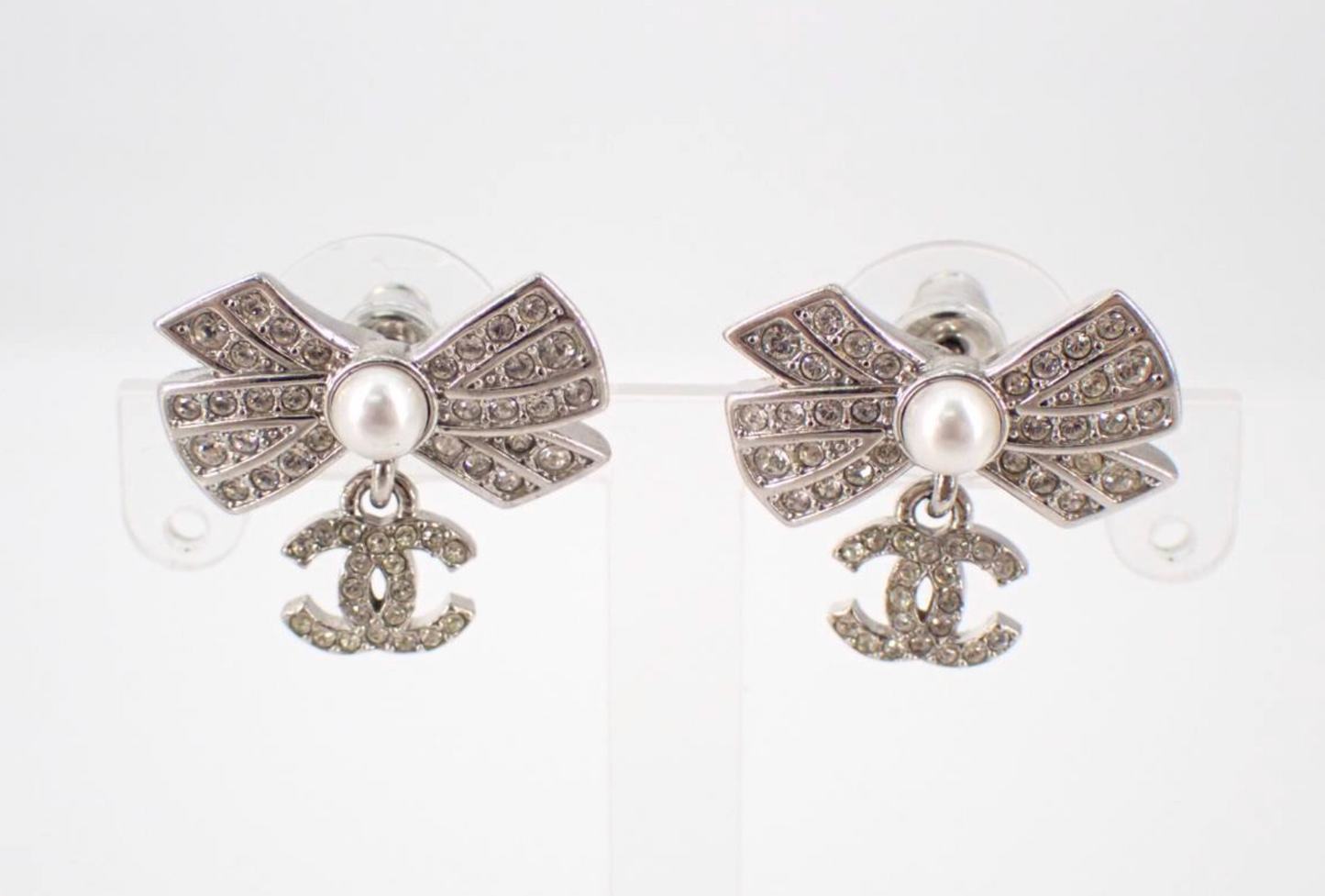 Chanel 2023 Crystal Bow CC Pearl Drop Earrings