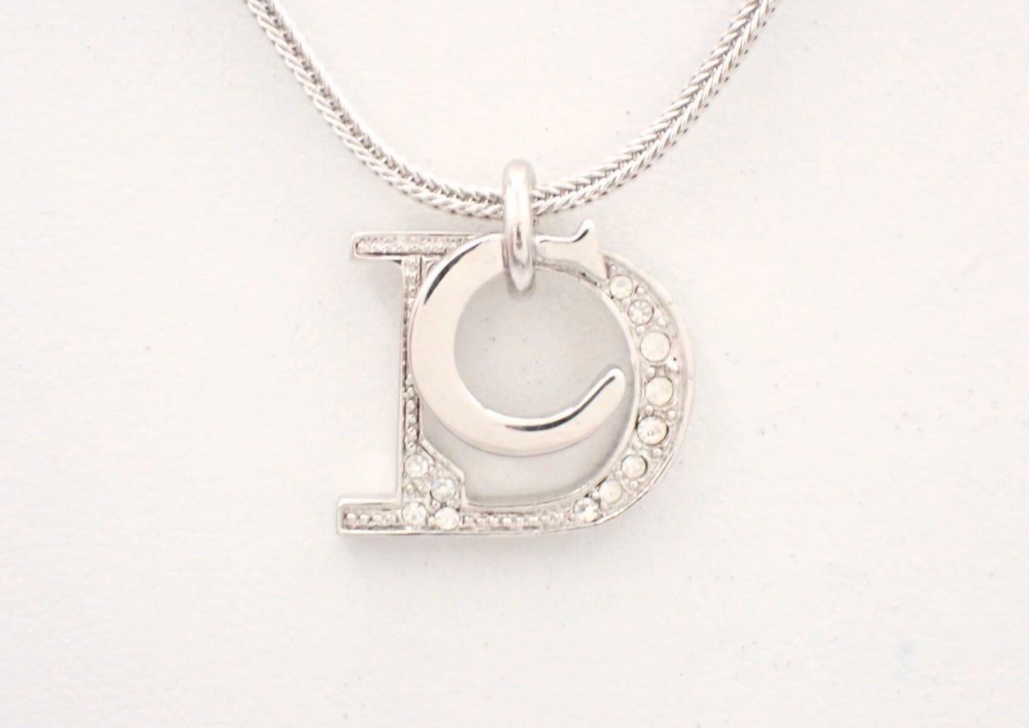 Vintage Dior Crystal Logo Pendant Necklace – Silver Tone