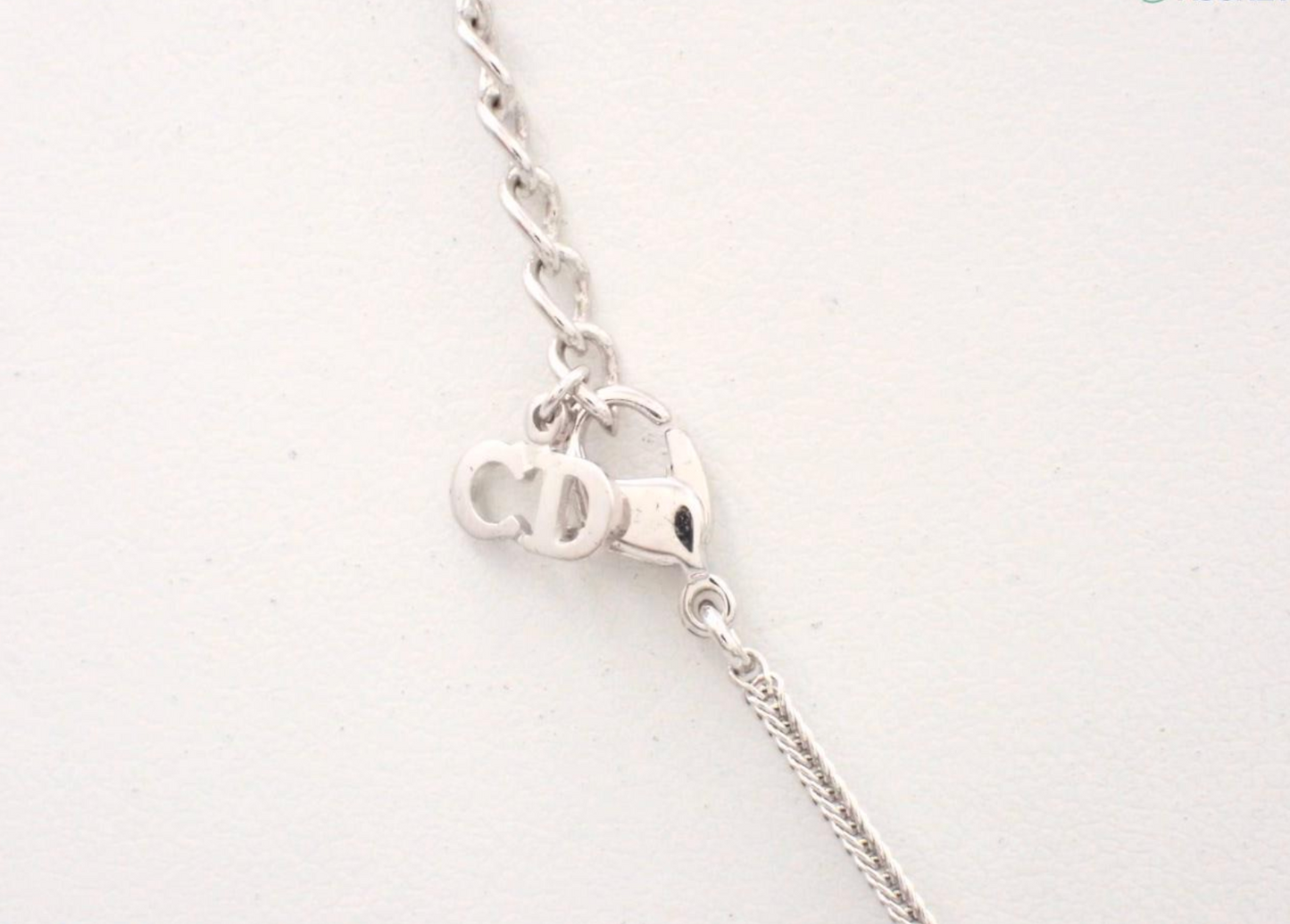 Vintage Dior Crystal Logo Pendant Necklace – Silver Tone