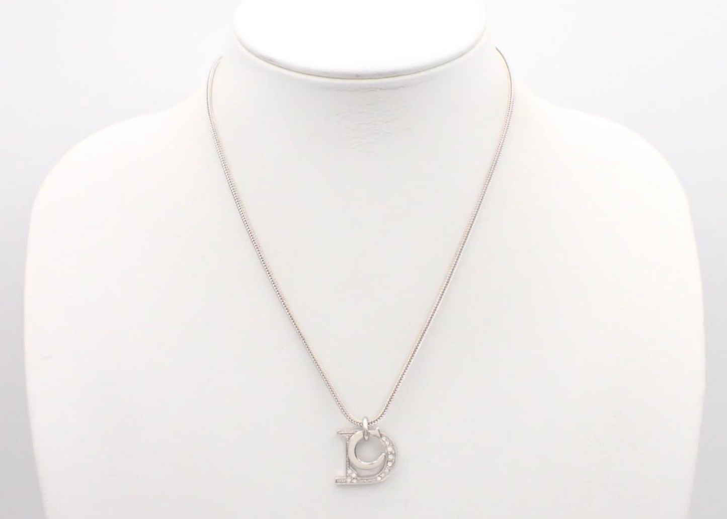 Vintage Dior Crystal Logo Pendant Necklace – Silver Tone
