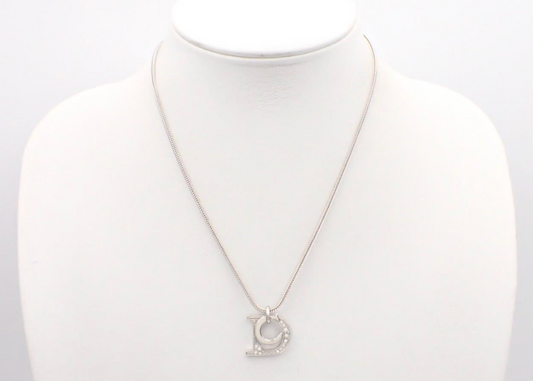 Vintage Dior Crystal Logo Pendant Necklace – Silver Tone