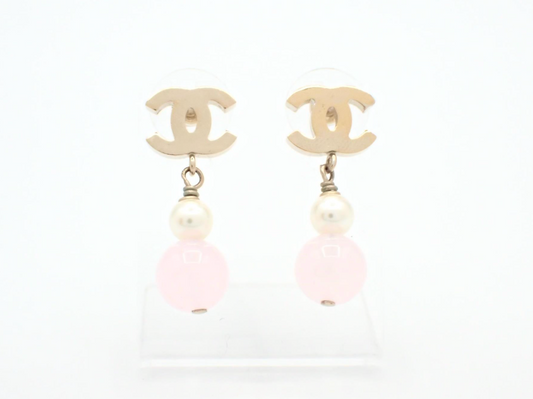 Chanel 2018 CC Logo Pearl & Pink Bead Drop Earrings