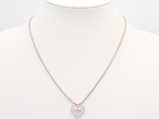 Vintage Dior Crystal Pavé Heart Logo Necklace