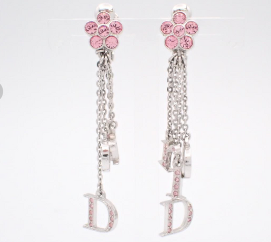 Vintage Dior Pink Crystal Floral Tassel Clip-On Earrings with “D” Charm