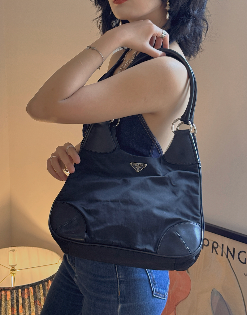 Prada Vintage Black Nylon Shoulder Bag (Classic Hobo)