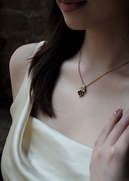 Dior Vintage Gold and Black Enamel Pendant Necklace