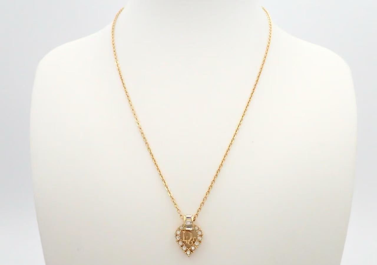 Dior Vintage Gold Crystal Heart Logo Pendant Necklace